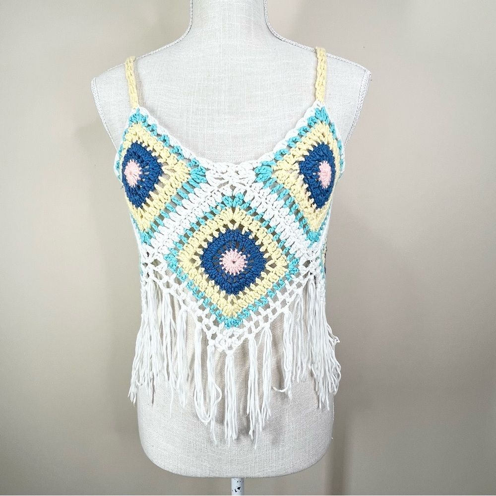 JCL Knit Fringe Festival Boho Tank Top Granny Square M/L